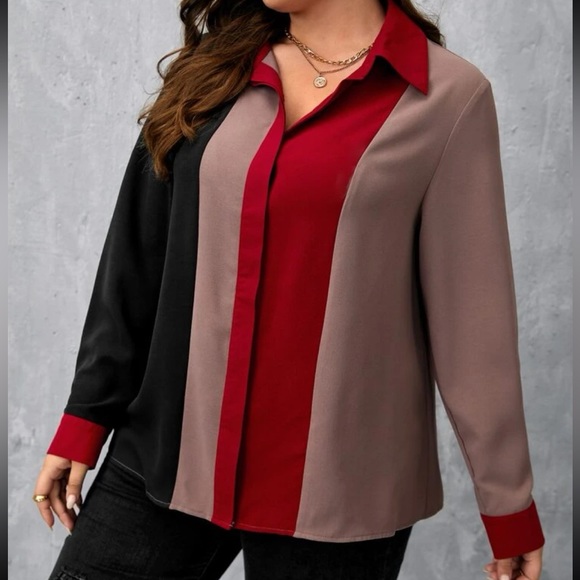 Plus Size Color Block Button Down Top Shirt - Picture 4 of 5